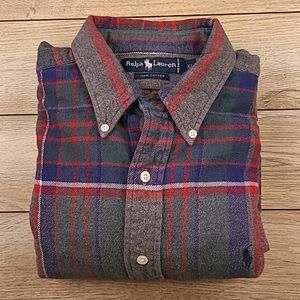 RALPH LAUREN‎ Grey Red Navy Flannel Thick Cotton XL Long Sleeve Casual Shirt VTG